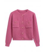 Embossed Dots Patch Pocket Buttoned Knit Cardigan in Pink