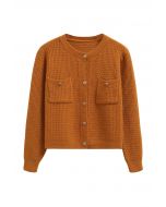 Embossed Dots Patch Pocket Buttoned Knit Cardigan in Orange