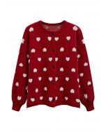 Cardigan boutonné en tricot jacquard à cœur pelucheux en rouge