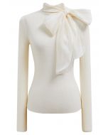 Organza Bowknot Neckline Knit Top in Cream