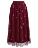 Shimmer Candy Cane Mesh Tulle Midi Skirt in Burgundy