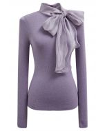 Organza Bowknot Neckline Knit Top in Lilac