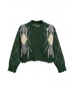 Argyle Pattern Frayed Edge Buttoned Crop Cardigan in Dark Green