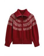 Cardigan en tricot jacquard Fair Isle à double fermeture éclair en rouge