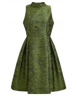 Magnifique robe sans manches en jacquard fleuri vert