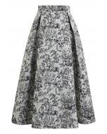 Jupe mi-longue trapèze gracieuse en jacquard floral noir