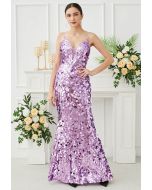 Robe sirène à sequins et décolleté en V profond en lilas