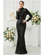 Robe sirène à col montant et sequins géométriques en noir