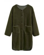 Manteau long boutonné sans col en sherpa vert kaki