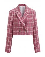 Blazer court à épaules rembourrées en tweed à carreaux en rose