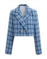 Blazer court à épaules rembourrées en tweed à carreaux bleu