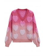 Pull en tricot à franges et cœur flou ombré en rose