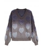 Pull en tricot à franges et cœurs flous ombrés en fumée