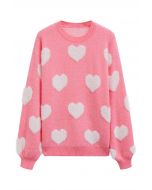 Pull ras du cou en tricot contrasté à motif cœur flou en rose bonbon