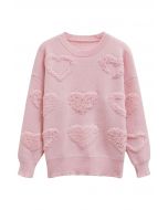 Pull oversize en maille jacquard avec bordure en perles et cœurs en rose