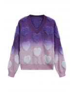 Pull en tricot à franges et cœur flou ombré en violet