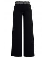 Pantalon coupe droite à taille accentuée de sequins en noir