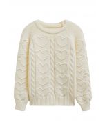 Pull en maille torsadée avec motif cœur en relief en crème