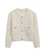 Cardigan boutonné en tricot gaufré avec poche plaquée en ivoire