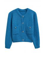 Cardigan boutonné en tricot gaufré avec poche plaquée en indigo