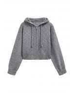 Cardigan en tricot à capuche avec cordon de serrage et fermeture éclair en gris