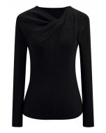 Twist Neckline Ribbed Knit Top in Black