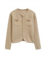 Cardigan boutonné en tricot à franges brillantes en camel