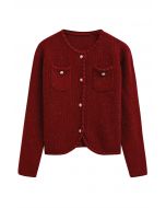 Cardigan boutonné en tricot à bordures à franges brillantes en rouge