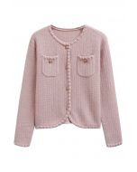 Cardigan boutonné en tricot à bordures à franges brillantes en rose