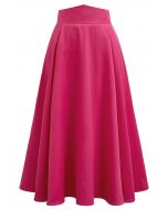 Jupe mi-longue trapèze taille haute rose vif unie