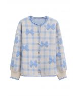 Cardigan boutonné en tricot à carreaux jacquard avec nœud papillon en bleu bébé