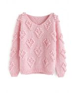 Pull tricoté col en V couleur rose