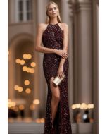 Robe Sirène Fendue à Paillettes et Découpe à Col Halter en Bordeaux