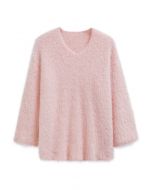 Pull en tricot moelleux à col en V en rose clair